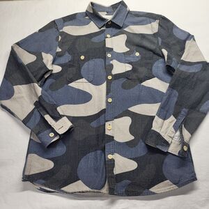 Mens Far Afield Plaid Flannel Button-Up Size 3 (LG) UK Blue Camo BCI Cotton